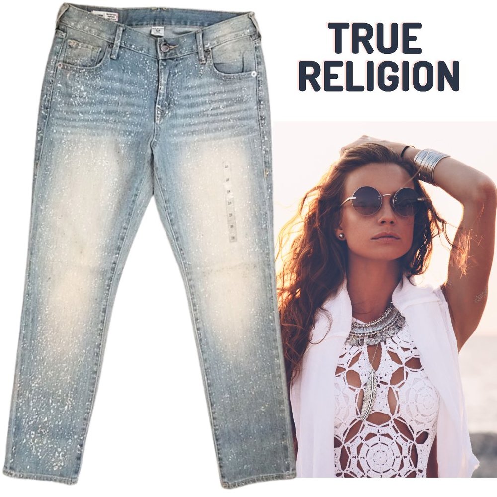 NWOT TRUE RELIGION Cameron Slim Boyfriend Silver Splatter Jeans Women's 25